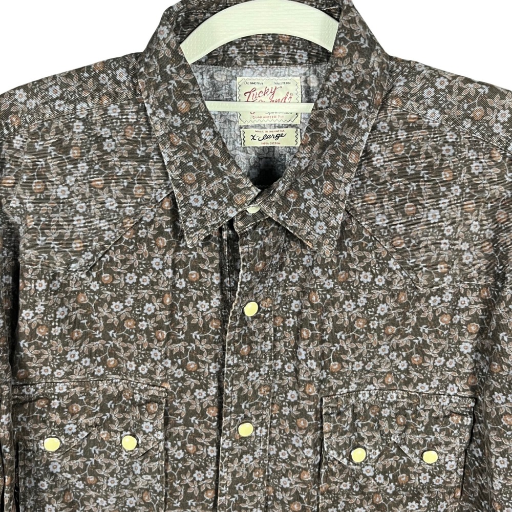 Lucky Brand Western Shirt Mens XL Brown Floral Corduroy Pearl Snap Long Sleeve